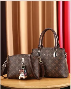 Stylish women's handbag set, brown monogram pattern tote and crossbody bag with bear charm.