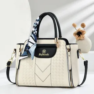 Women Embossed Color Contrast Handbag Large Capacity PU Leather Shoulder Crossbody Bag With Satin Scarf Decor Retro Bag
