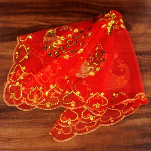 Traditional Chinese red wedding veil featuring gold sequin peacock embroidery 82x78cm