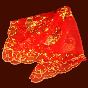 Traditional Chinese wedding red veil featuring gorgeous gold sequin peacock and floral embroidery.