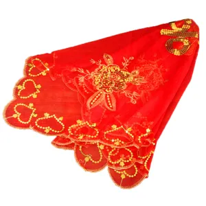 Traditional red bridal veil with gold sequins and embroidery for Chinese weddings.