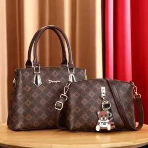 Stylish brown monogram handbag set for women, featuring a tote bag and crossbody bag.