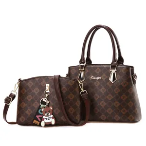 Stylish brown monogram women's handbag set with tote and crossbody bag, elegant commuter bag.