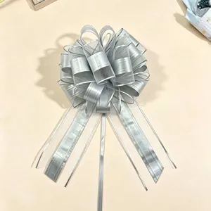 Silver gift wrapping pull bow, matte metallic 3d ball flower decoration, large size.