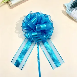 Blue gift wrapping pull bow, metallic matte mesh decorative bow for Christmas party.