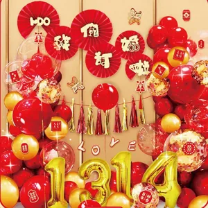 Wedding balloon arch kit with 1314 foil balloons and red fans for engagement party