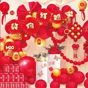 Wedding balloon arch set for engagement party decoration, red and gold balloons setup.