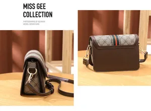 Detailed view of women crossbody small square bag, vintage print leather shoulder handbag.