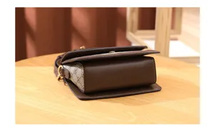 Classic brown printed women shoulder cross-body bag side detail view, stylish and compact.