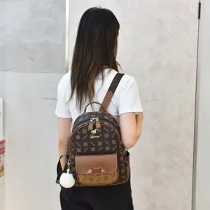 Women's brown monogram print leather casual travel backpack daily school book bag