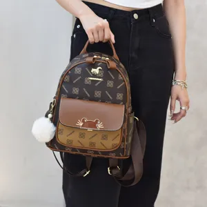 Women Fashion Monogram Backpack Vintage Travel School Bag Casual Daypack with Cute Pompom