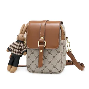 Modische Damen gedruckte Handytasche Umhängetasche mit süßem Kaninchenanhänger Retro.