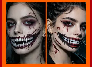 Halloween scary mouth temporary face tattoo detail, waterproof horror party makeup cosplay sticker.