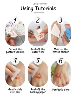 Step by step instruction guide for waterproof temporary tattoo stickers application.
