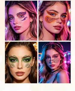 Close-up detail of Halloween leopard face temporary tattoo stickers for festival party makeup.