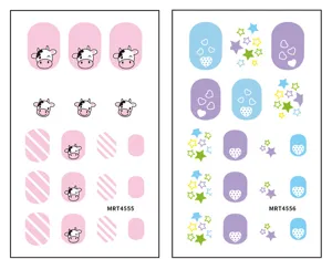 Cute cartoon cow and star heart nail stickers detail view, vibrant colors for nail art design.