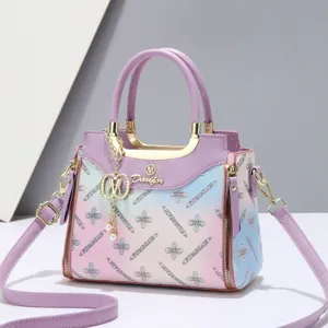 Sac à Main Femme en PU Imprimé Dégradé de Couleur Style Coréen Surpiqûres Grande Capacité Sac Bandoulière Avec Ornement de Perle
