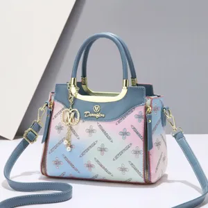 Sac à Main Dégradé Bleu Rose En Cuir PU Sac Bandoulière Cabas Avec Poignée Métal