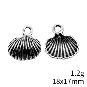 Detailed view of antique silver shell pendant, DIY jewelry making accessory, size 18x17mm, 1.2g.