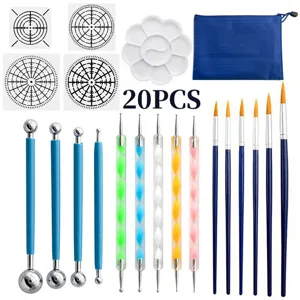 Vue détaillée de l'ensemble de 20 outils de peinture comprenant stylos, pinceaux et pochoirs.