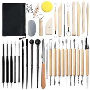 Kit de 34 outils de sculpture sur argile de poterie céramique manche en bois DIY