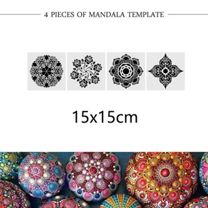 Mandala drawing templates set, 4 pieces 15x15cm stencils for rock painting art DIY craft.