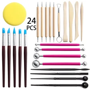 24pcs pottery clay sculpting tools set with wooden modeling knives, silicone brushes and ball stylus.