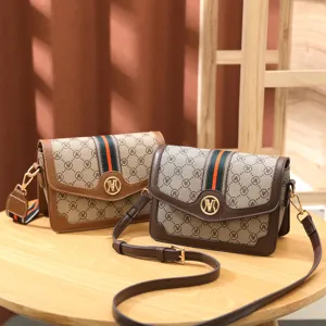 Classic monogram women shoulder bag with stylish stripe and metal lock for daily casual use.