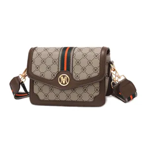 Classic monogram print women crossbody shoulder bag with stylish stripe and metal lock design.