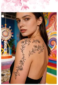 Detailed close-up of temporary floral tattoo sticker on shoulder, waterproof botanical design.