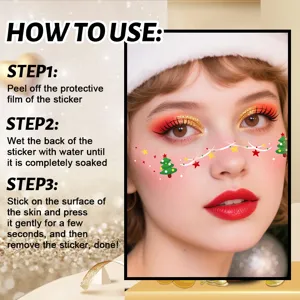 Christmas face tattoo detail showing application steps and model effect wear display.