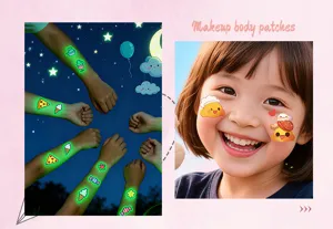 Close up detail showing cute cartoon luminous tattoo stickers and fun face patches for kids.