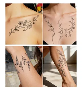 Close-up detail showing botanical floral temporary tattoo stickers on various body parts.