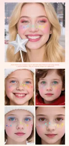 Nahaufnahmen wasserfester Glitzer-Gesichtsaufkleber, farbenfrohes Weihnachtsparty-Make-up.