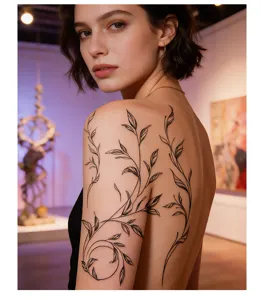 Waterproof temporary tattoo sticker with elegant botanical vine sketch design for half arm.