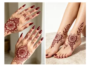 Detailed view of temporary henna tattoo stickers featuring intricate mandala floral hand and foot designs.