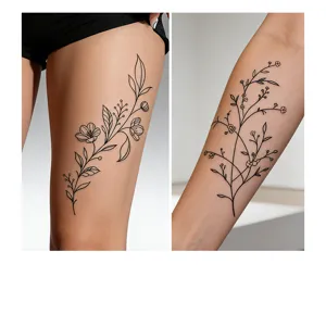 Detail view of waterproof temporary floral sketch tattoos, delicate line art design for skin.