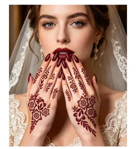 Close-up detail of traditional Indian henna floral hand tattoo sticker, waterproof body art.
