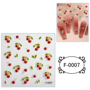 Detailed view of 5D embossed cherry nail art stickers sheet with realistic 3D fruit designs.