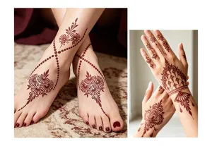 Detailed close-up shot of intricate Mehndi henna temporary tattoo stickers on hands and feet.