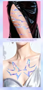 Holographic body face tattoo stickers detail shot, shiny laser skin art sticker for party makeup.