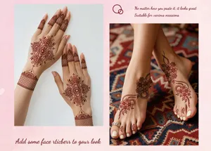 Henna temporary tattoo detail, beautiful flower pattern stickers for hands and feet decoration.