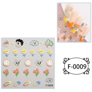 5D embossed nail stickers detail showing cute cartoon clouds, flowers and funny face designs.