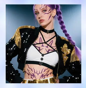 Close-up detail shot of purple face and body temporary tattoo stickers with demonic anime style.