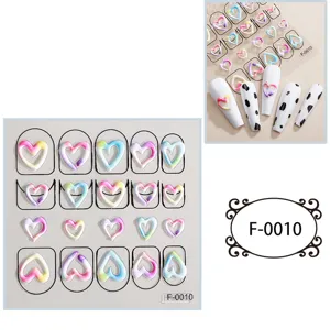 Detailed view of 5d embossed colorful heart nail stickers, waterproof back glue design for art.