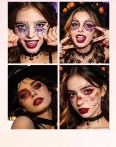 Détail de tatouage temporaire visage Halloween, toile d'araignée étanche et maquillage effrayant.