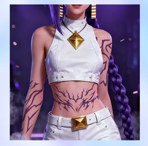 Detailed view of anime demon hunter cosplay outfit with white crop top, pants, and purple tattoos.