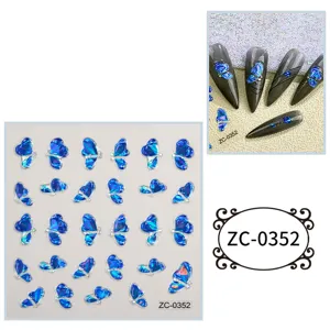 5D blue butterfly nail stickers, embossed holographic gel decals for DIY nail art design.