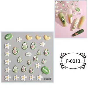 Cute 5D embossed avocado nail stickers with adorable cartoon flowers and nice text details.