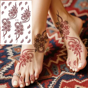 Waterproof Henna Temporary Tattoo Sticker Red Brown Lace Mehndi Design Body Art Sticker For Women Hands Feet